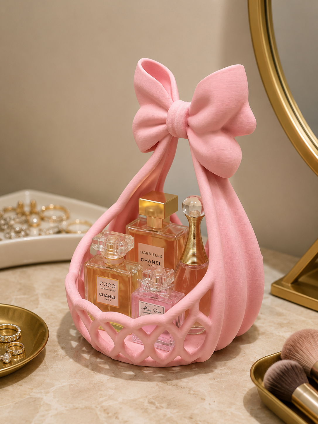 Coquette Bow Vanity Basket – Perfume & Makeup Holder